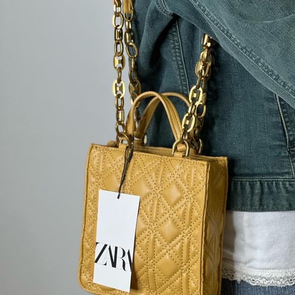 Zara Womens Shoulder Bag Quilt Mustard Yellow Mini Tote Crossbody Bag Purse New - Picture 4 of 15